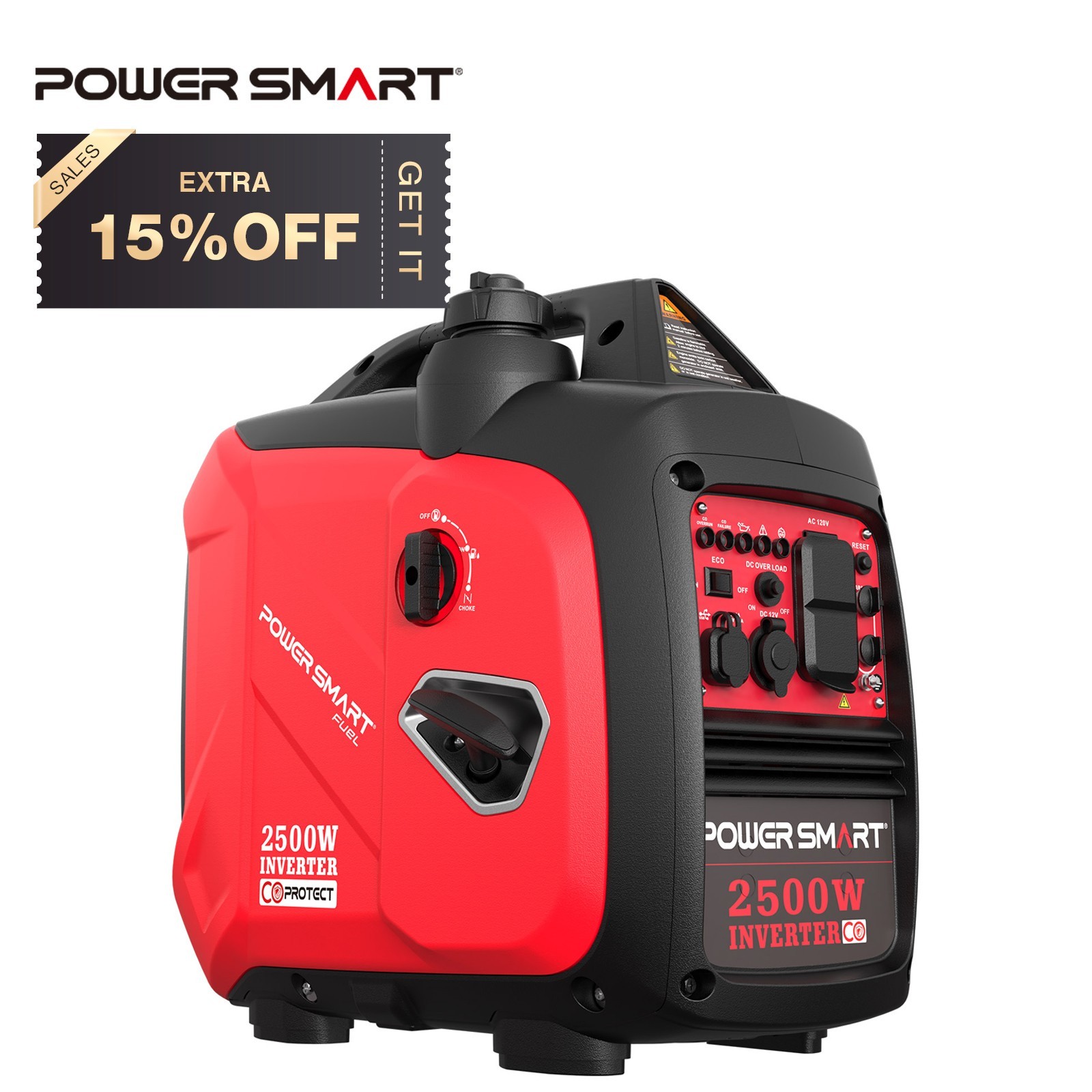 PowerSmart 2500W Inverter Portable Gas Generator, 120V, CO Detect, Outdoor Use