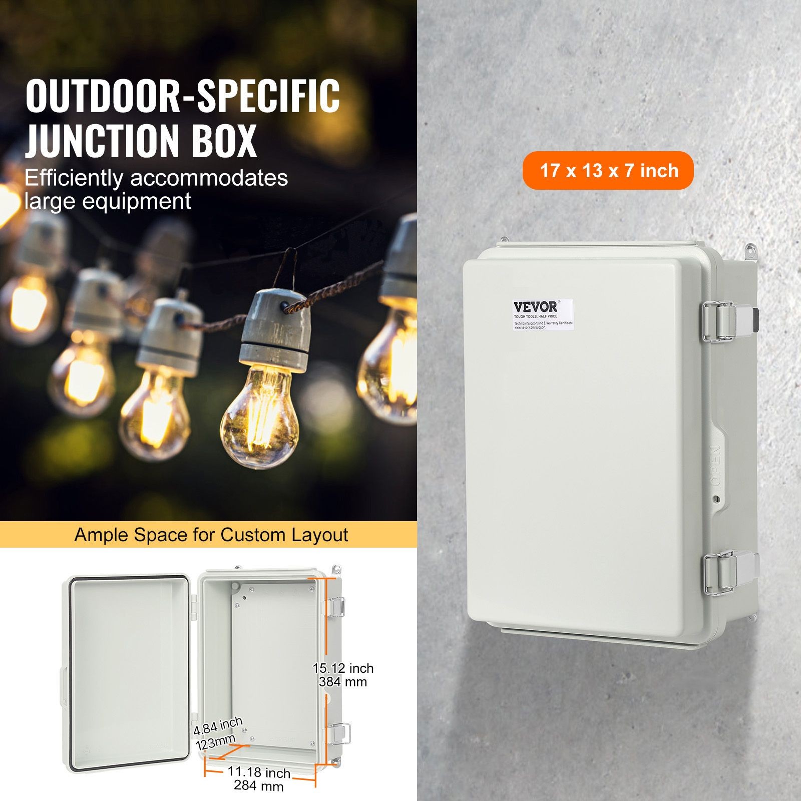 Outdoor Electrical Junction Box, 16.93 x 12.99 x 7.09 in, ABS Plastic Electrical