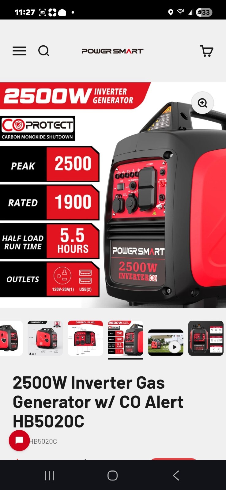 PowerSmart 2500W Inverter Gas Generator CO Sensor HB5020C Red Portable 5.5hr