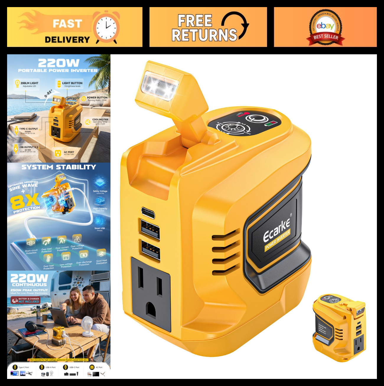 220W Portable Power Inverter for 20V Battery, AC 110V Outlet, USB & LED Light, C
