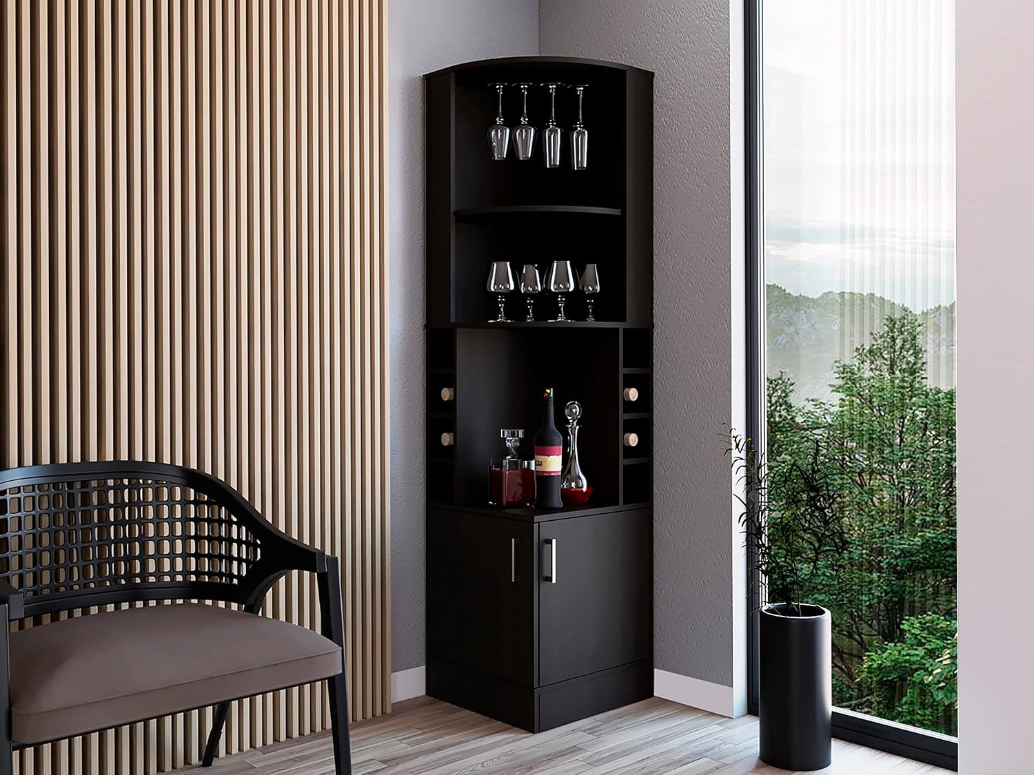 Corner Bar Cabinet with Two Shelves at the Top, Glass Holder, 8 Exterior Bottle