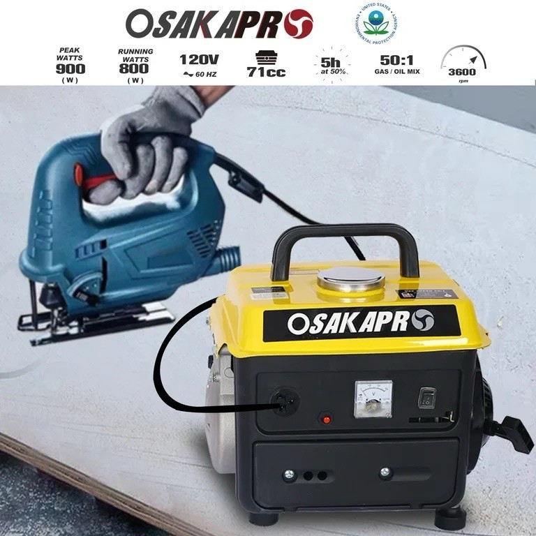 OSAKAPRO 900W 71cc Portable Gas Generator, 5h Run Time, 95dB, DC Charging Clamps
