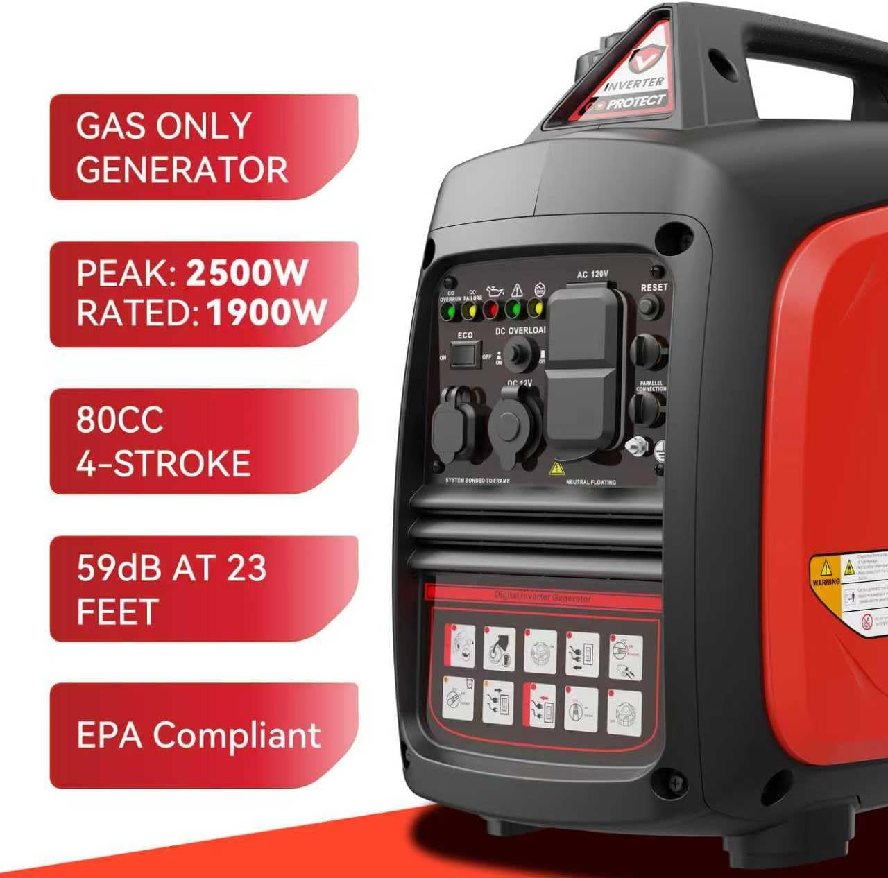2500W Portable Inverter Generator Super Quiet Ultra Lightweight Home Backup 80CC