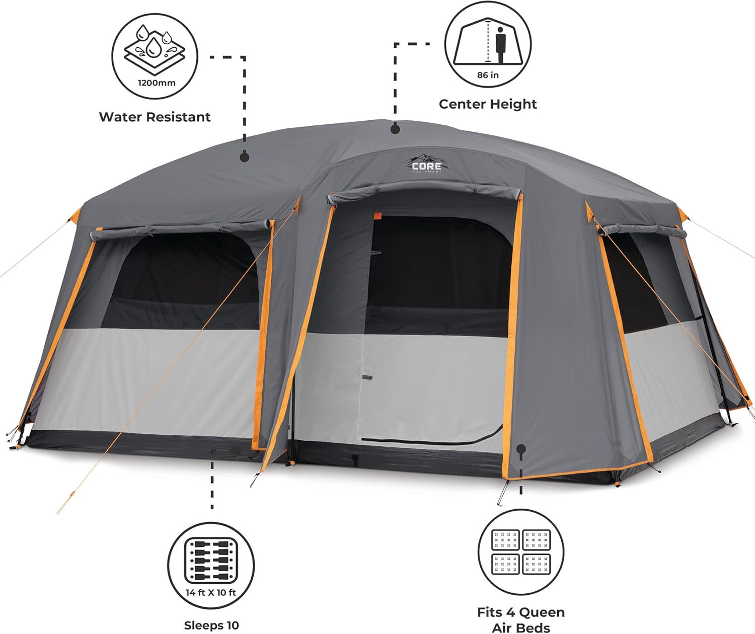 CORE Tent For Car/Family Camping 10 Person W/Full Rainfly For Outdoor Adventures