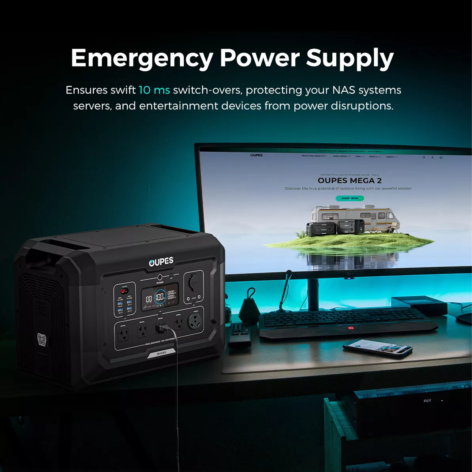 OUPES Mega 2 Portable Power Station 2500W/2048Wh Solar Generator LiFePO4 Battery