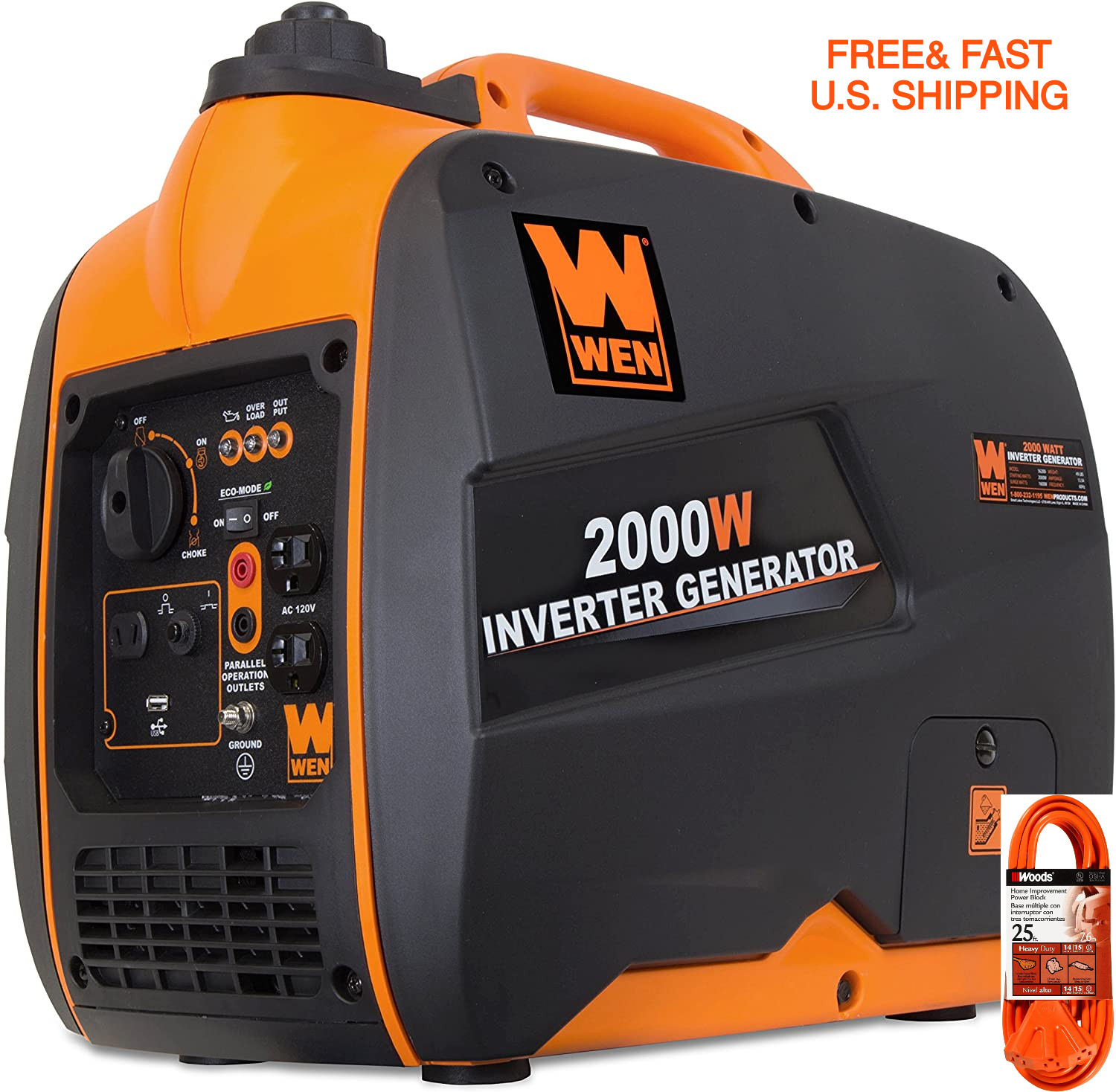WEN 2000 WATT Portable Generator Ultra Quiet W/ 25ft. Cord 3 Way Tap PLUG & PLAY