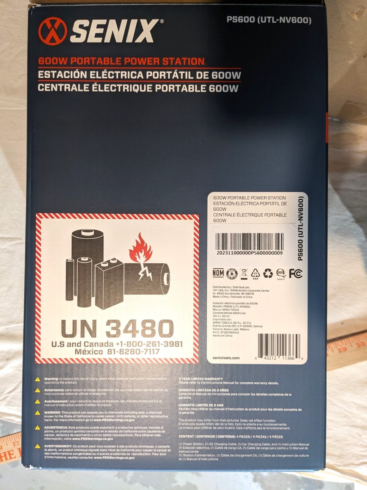 Senix PS600 600W/1200W Peak Portable Power Station 518Wh Pure Sine Wave AC/DC