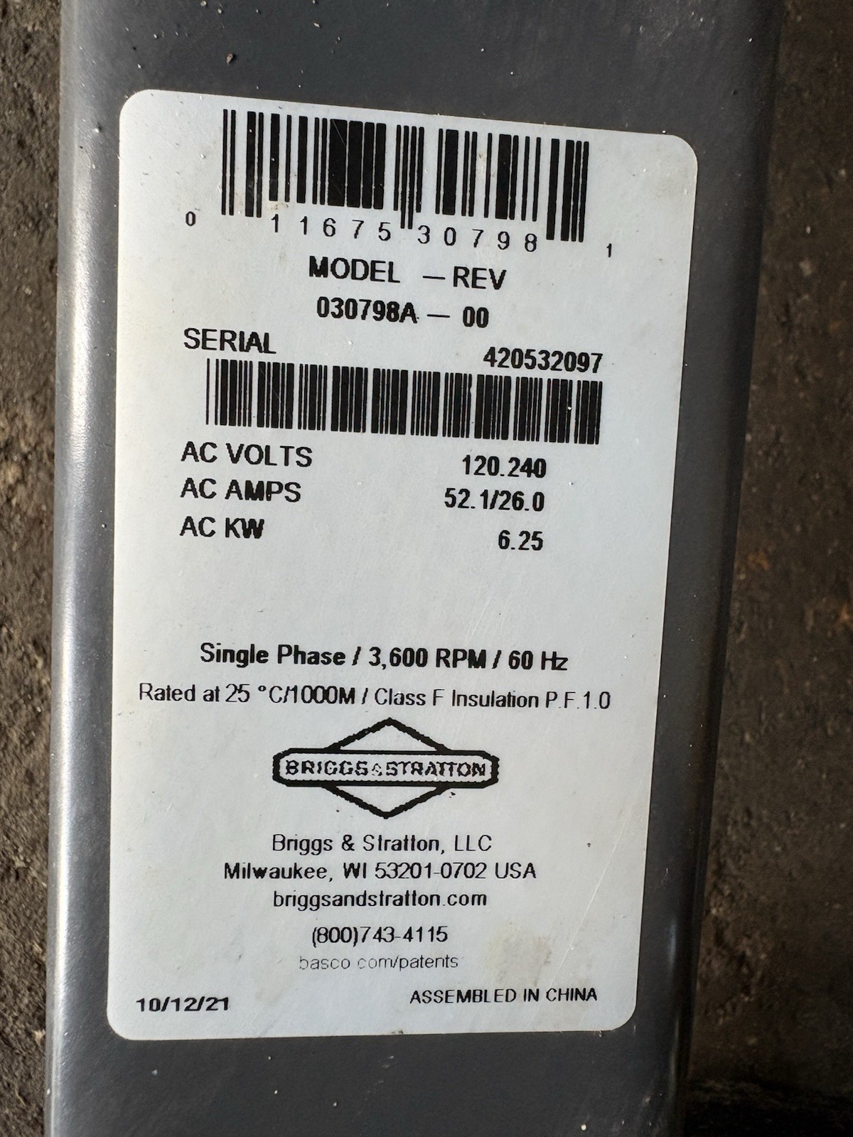 Briggs & Stratton 8500 Watt Generator Muffler Assembly#84007307 #030798A 420cc