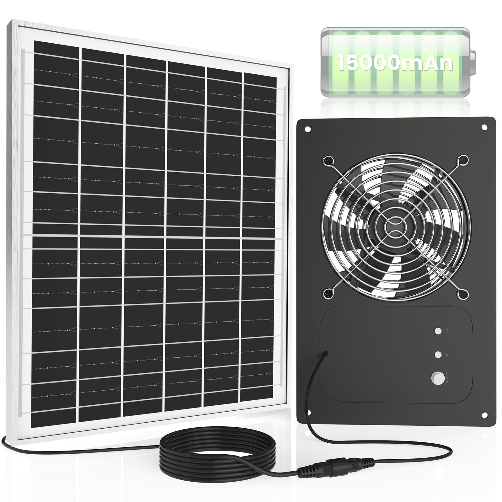 DSTANA Solar Powered Fan with 15000mAh Battery & Timer for 11 inches, Black