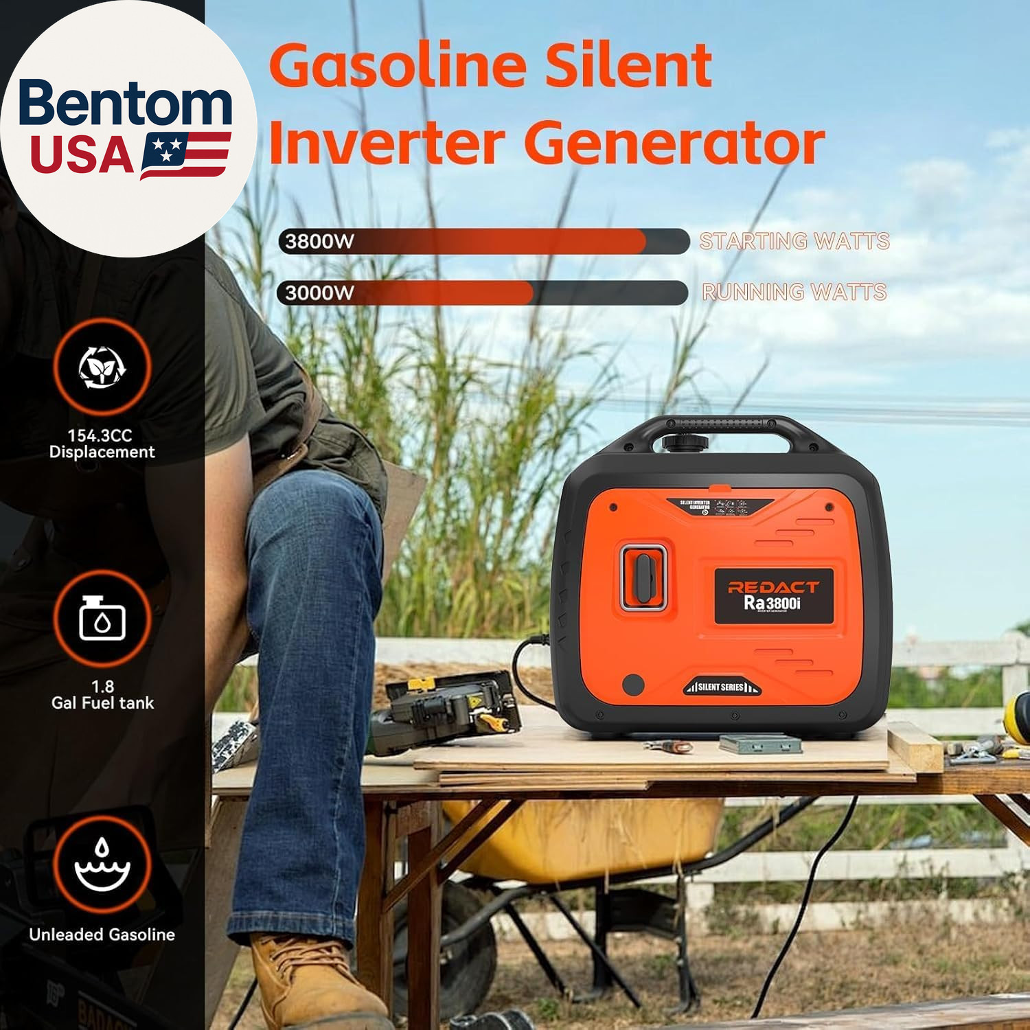 3800W Lightweight Portable Inverter Generator with Clean Power for Home, Camping