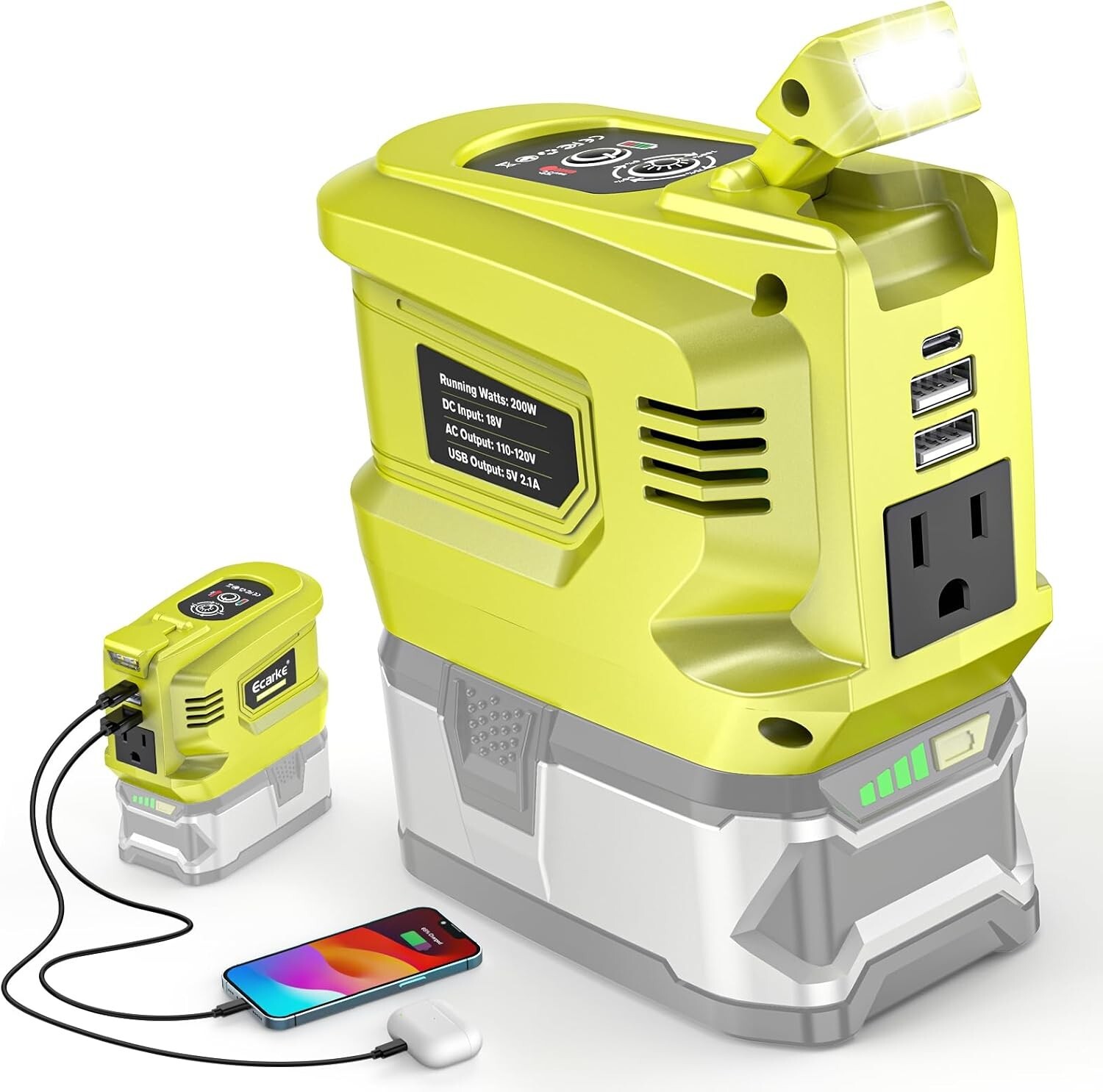 200W Portable Power Inverter for Ryobi 18V, Outdoor Generato Battery Converter w
