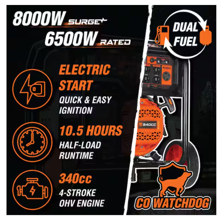 Portable Generator Electric Start 8000-Watt 120V/240V Dual Fuel Gas 340cc