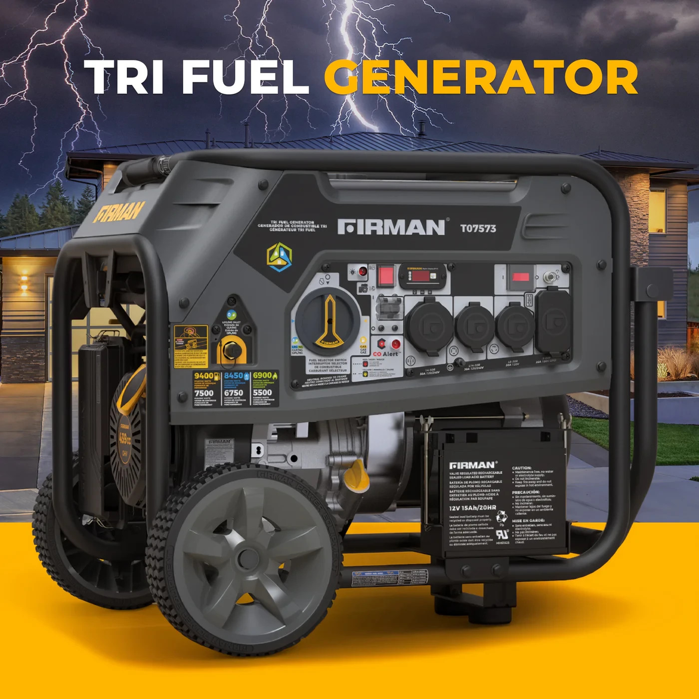 FIRMAN T07573 9400/7500W Tri Fuel Electric Start Portable Generator 50A