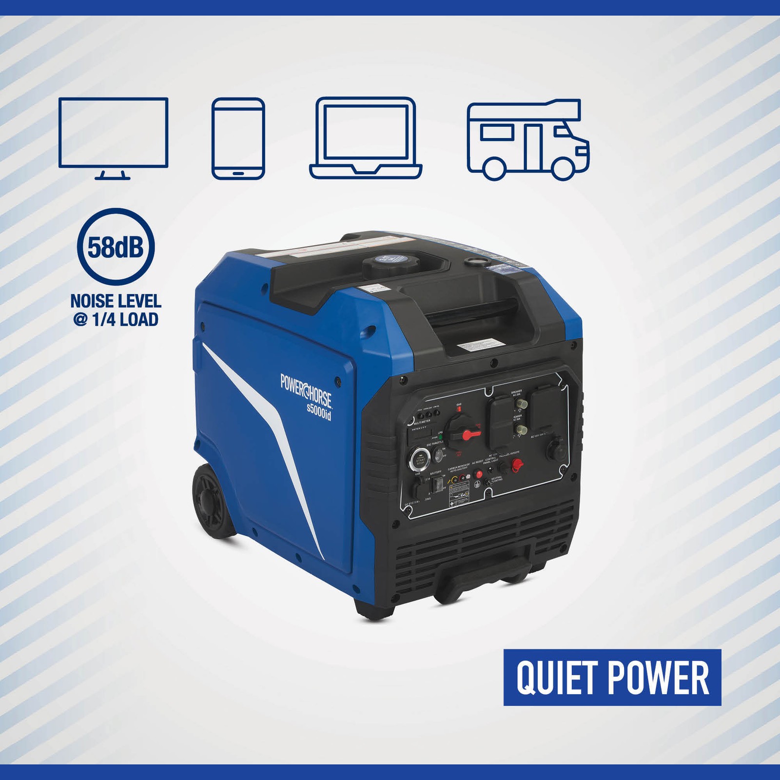Powerhorse Inverter Generator, 5000 Surge Watts, 4000 Rated Watts, 120V, 58dB