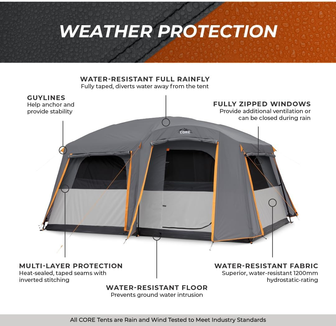 CORE Tent For Car/Family Camping 10 Person W/Full Rainfly For Outdoor Adventures