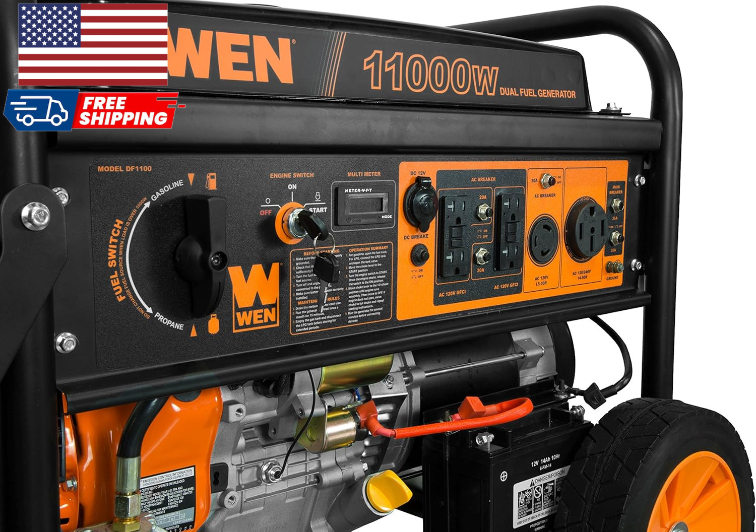 WEN 11,000-Watt 120V/240V Dual Fuel Portable Generator with Wheel Kit and Electr