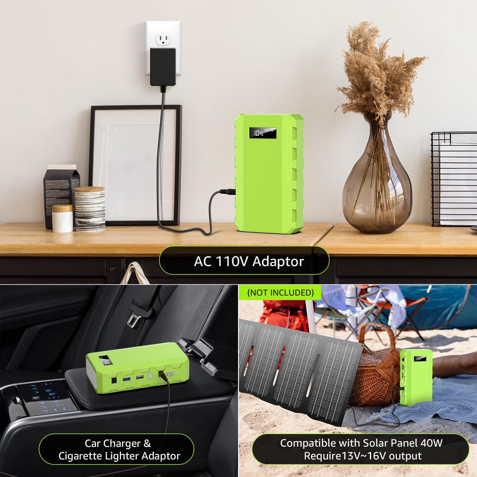 powkey Portable Power Station with AC Outlet, 65W/110V Green, A-Green