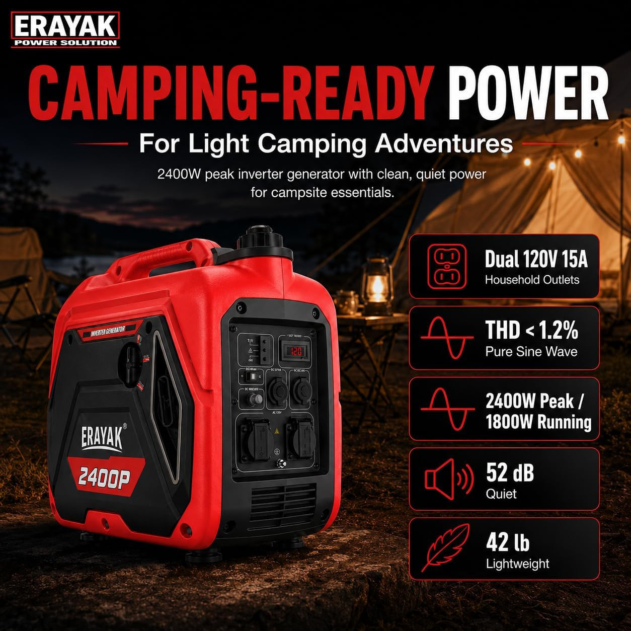 2400W Portable Inverter Generator for Home Use, Super Quiet Small Generator for