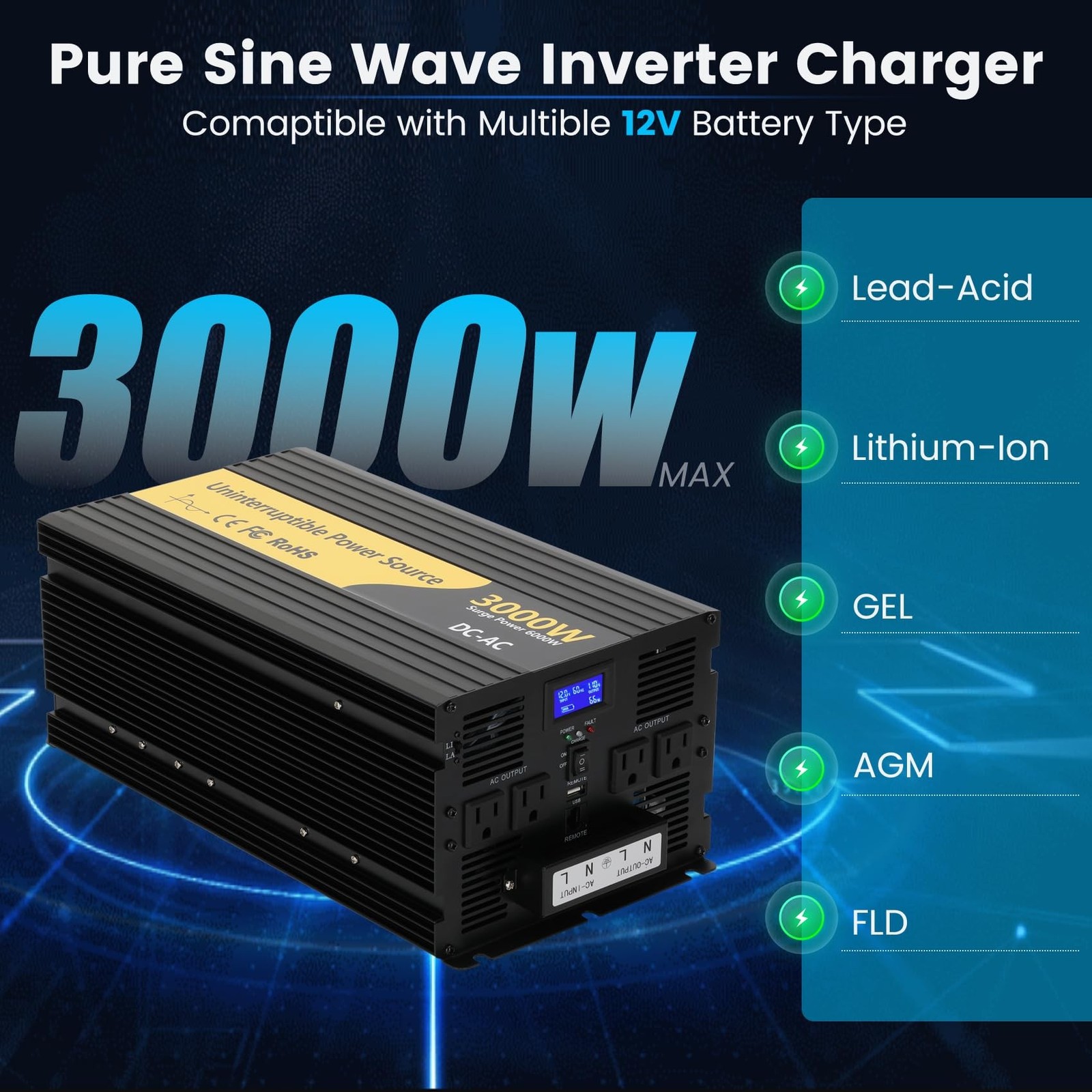 New Upgrade 3000W Pure Sine Wave Inverter Charger, Auto Transfer Switch, Remo…