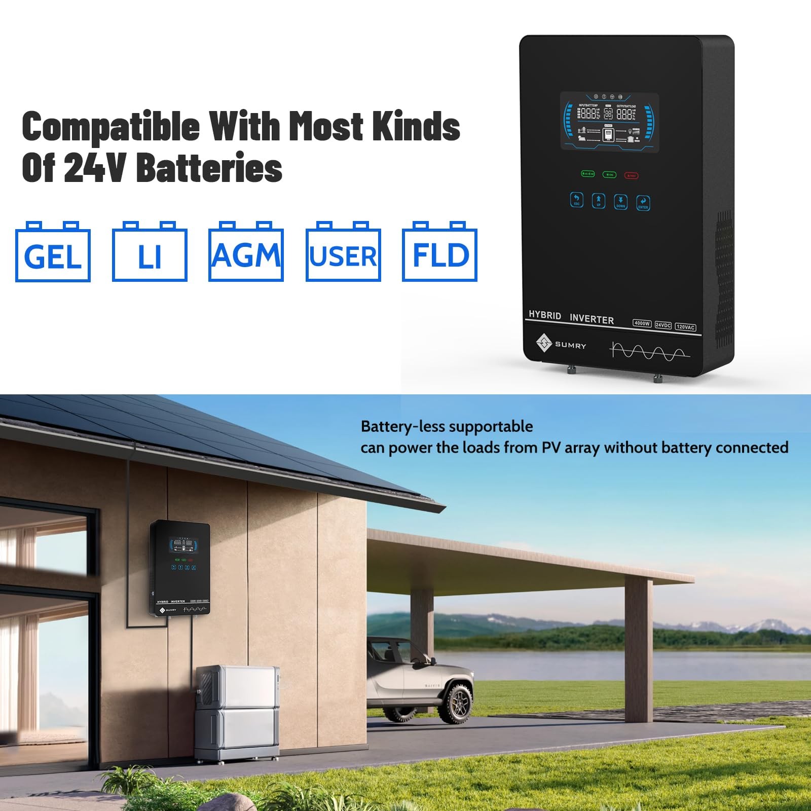 SUMRY Hybrid Solar Inverter, 4000W DC24V to AC120V Pure Sine Wave HGX-4KW-24V
