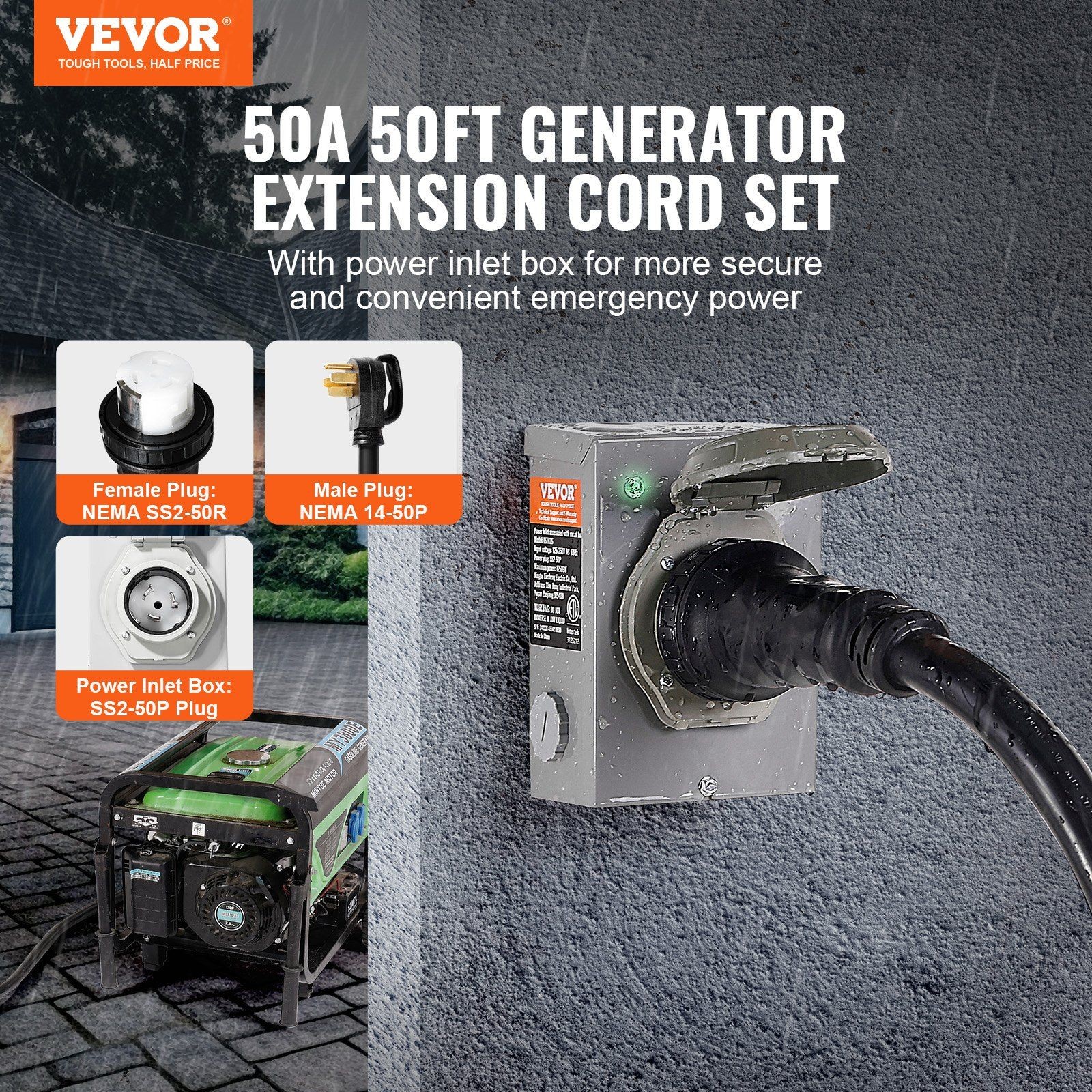 ETL-Certified 50A 50FT Generator Cord & Pre-Drilled Inlet Box for Home/RV