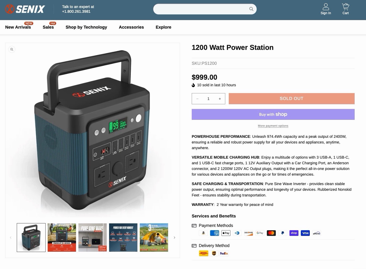 SENIX PS1200 1200W Battery Portable Power Station Generator 2400W Peak LCD