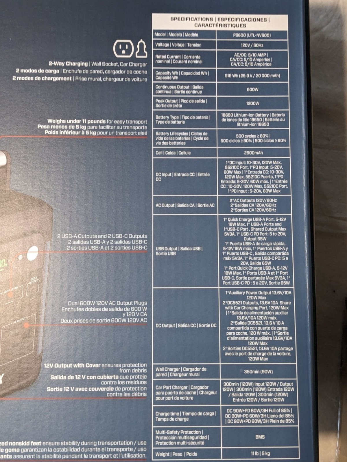 Senix PS600 600W/1200W Peak Portable Power Station 518Wh Pure Sine Wave AC/DC