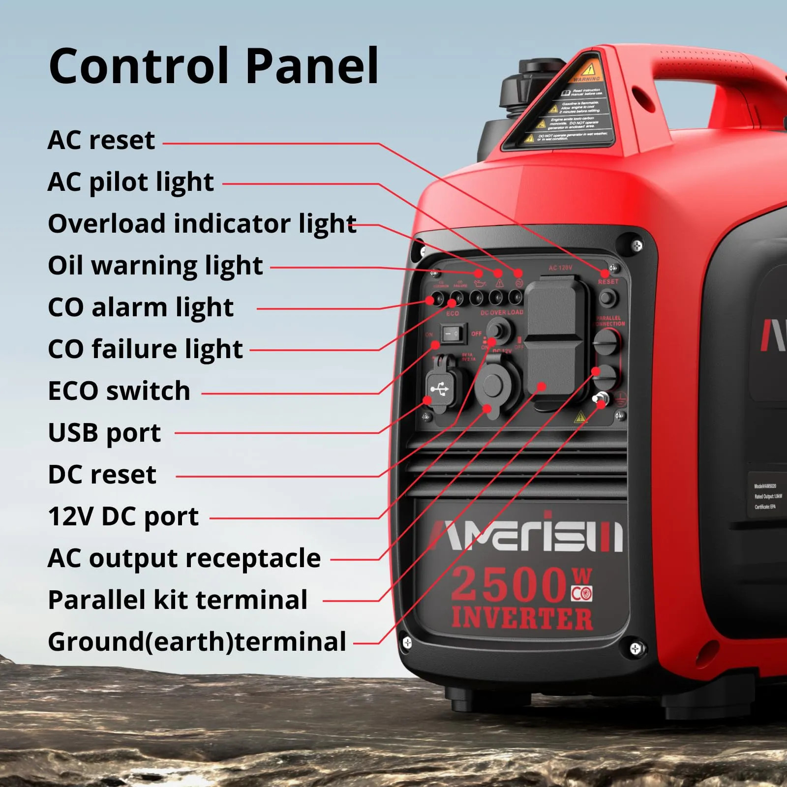 AMERISUN AM5020C 2500W Portable Inverter Generator CO Sensor Ultra Quiet EPA