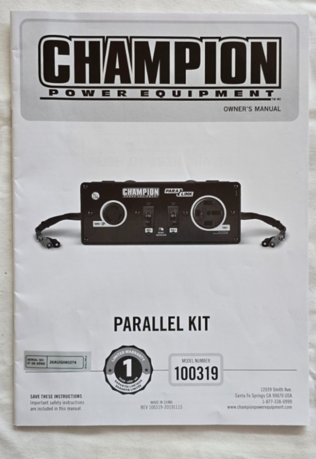 Manual for Champion Power Equipment 100319 Parallel Kit