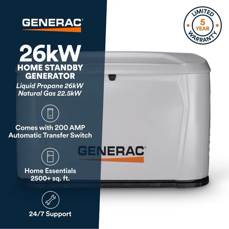 Generac 26kW Home Standby Generator w/ 200A ATS, Dual Fuel, Remote Monitor