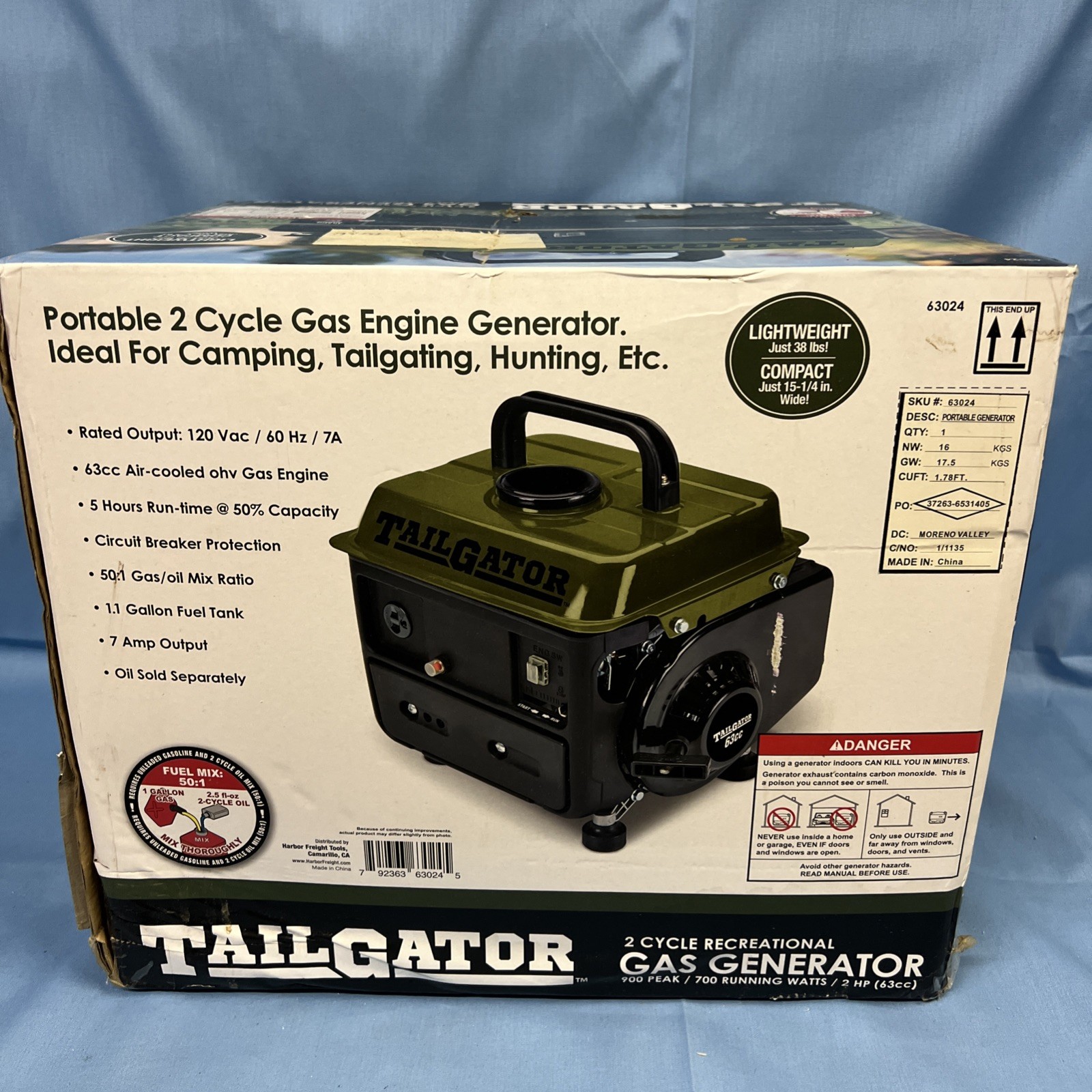 Tailgator 63024 Portable 2 Cycle Gas Engine Generator 1.1 gal Tank Green/Black