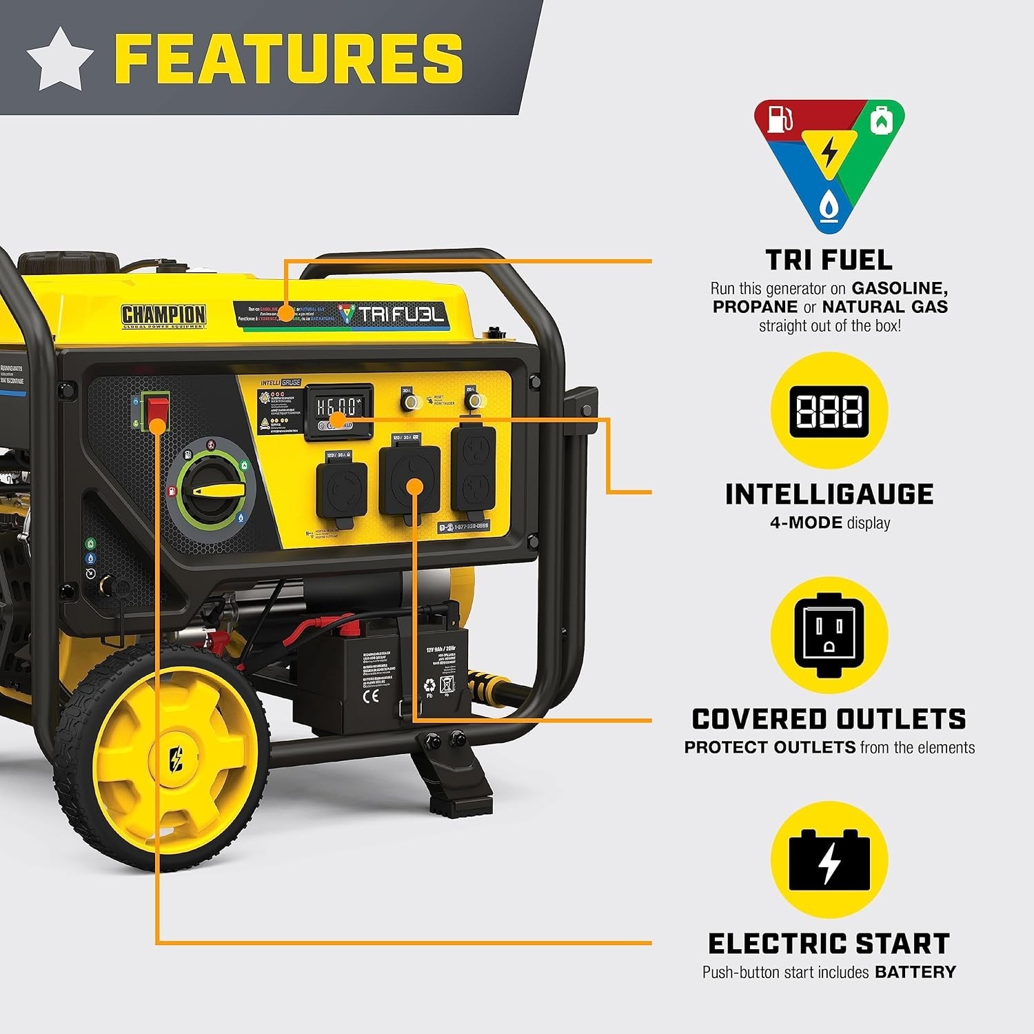 Champion 5,000-W Tri Fuel Gas Portable Generator with CO Sensor, Electric Start