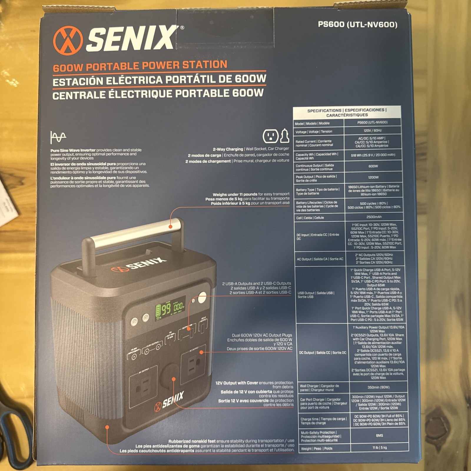 Senix PS600 600W/1200W Peak Portable Power Station 518Wh Pure Sine Wave AC/DC