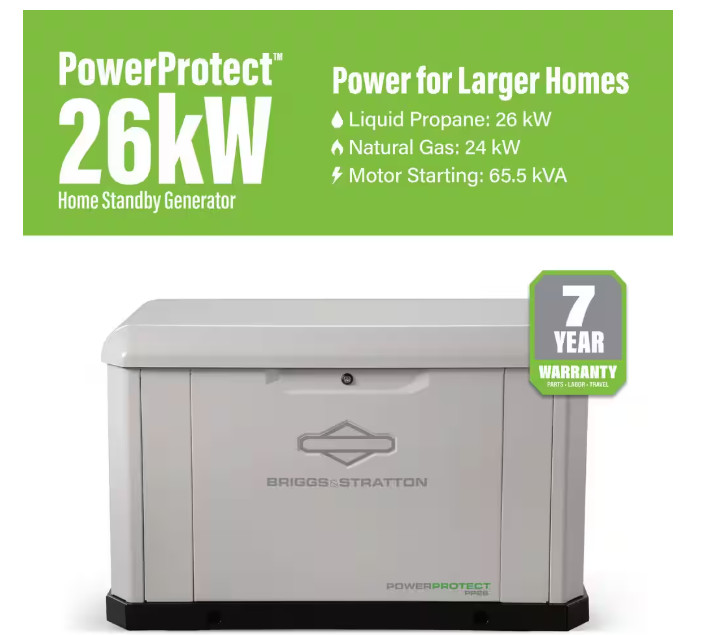 Briggs PowerProtect 26kW Standby Generator w/200 Amp Automatic Transfer Switch