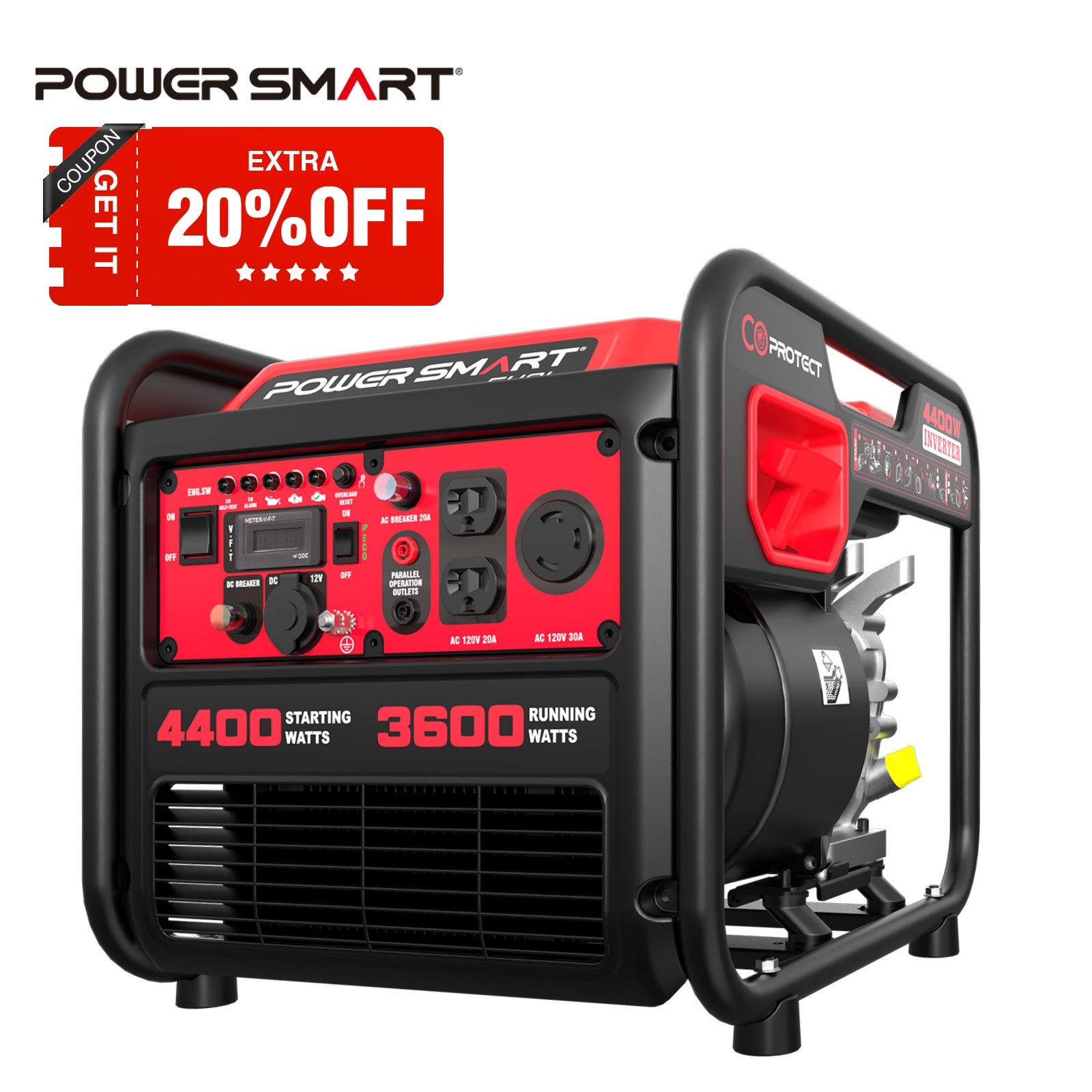 PowerSmart 4400W Portable Gas Generator, CO Alert, 30A RV Outlet, Steel Frame