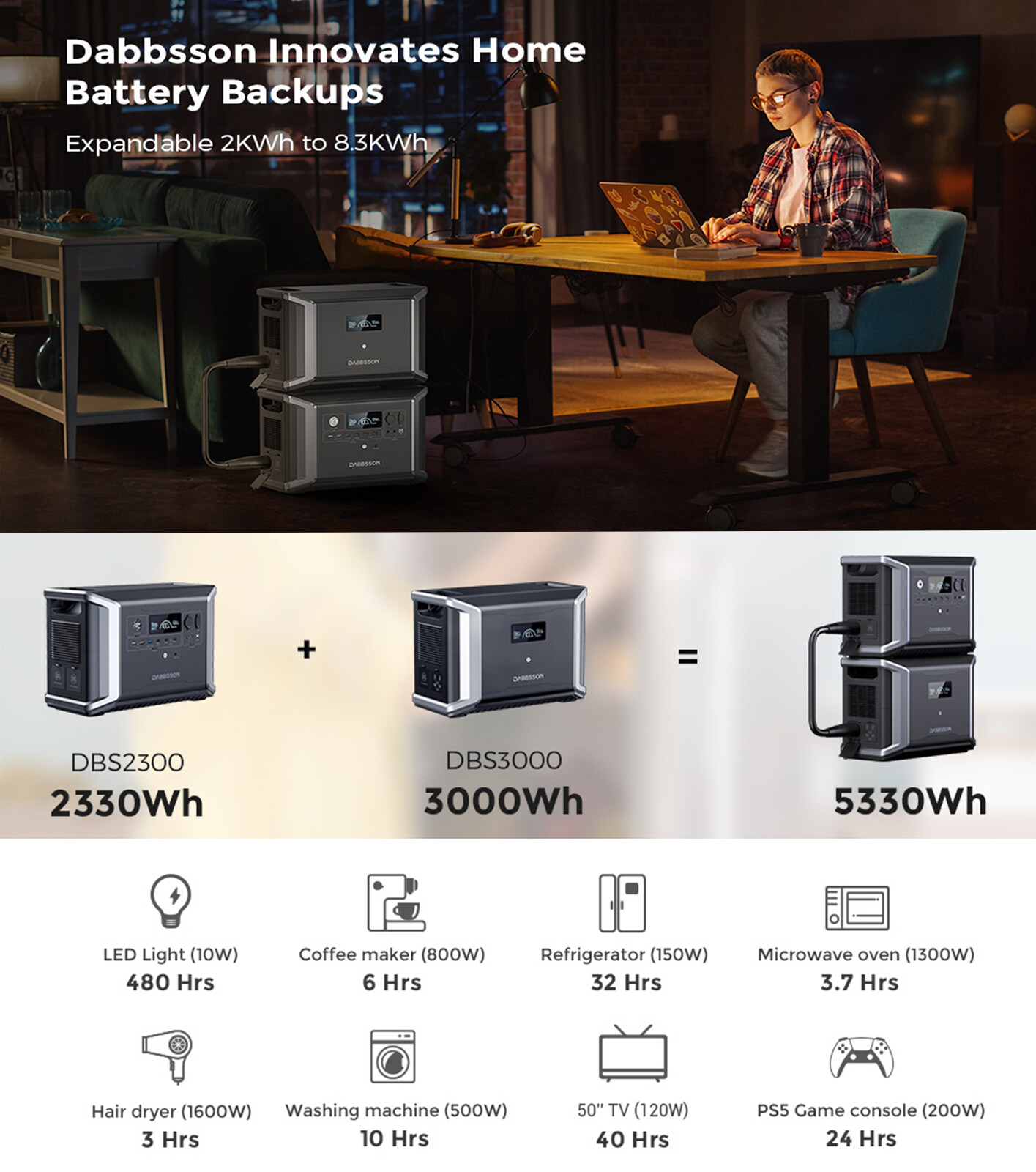 Dabbsson 2330Wh Portable Power Station 2200W Solar Generator for Home Camping RV