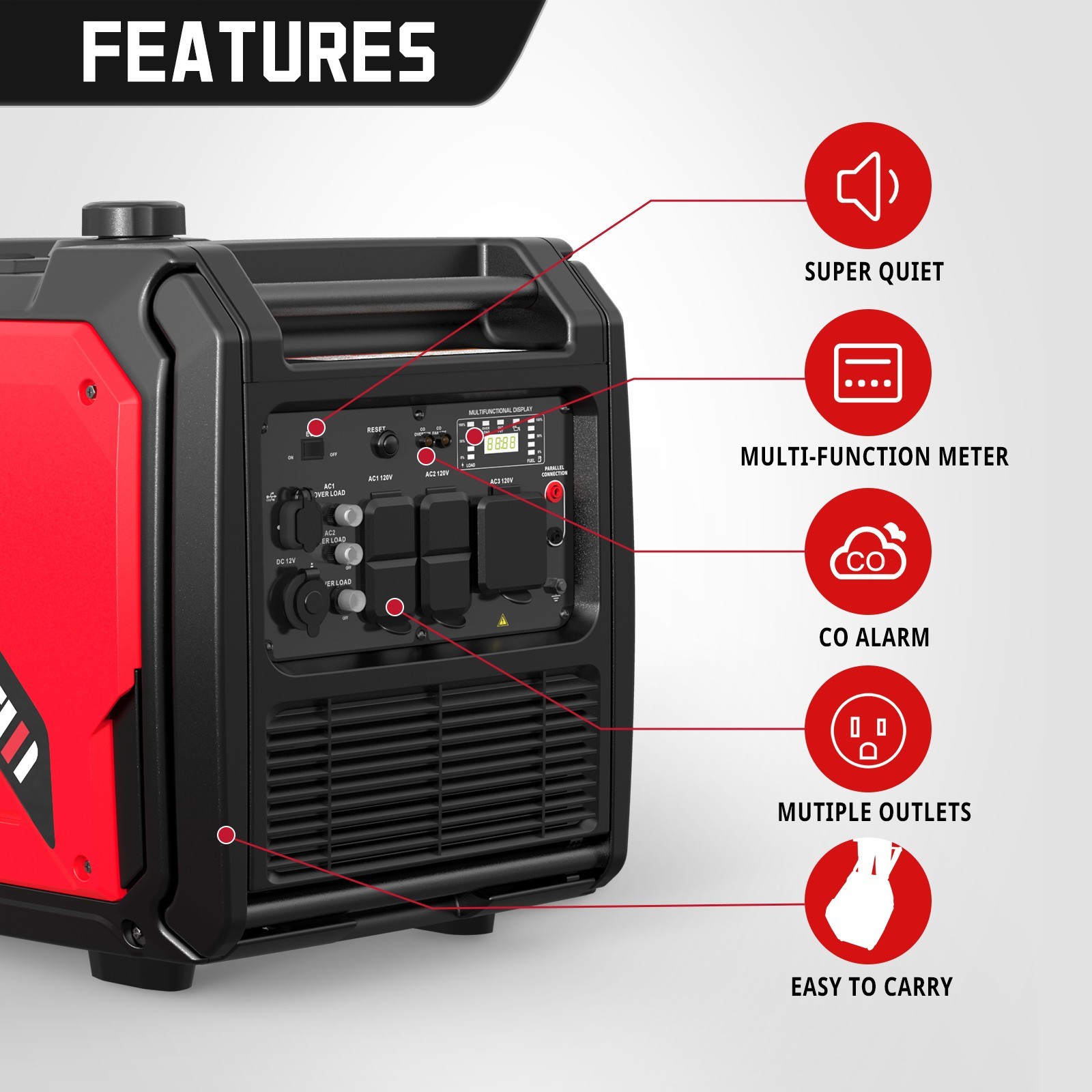 Amerisun 5000W Gas Generator, 223cc, 10H Runtime, 5*120V Output, CO Detect, EPA