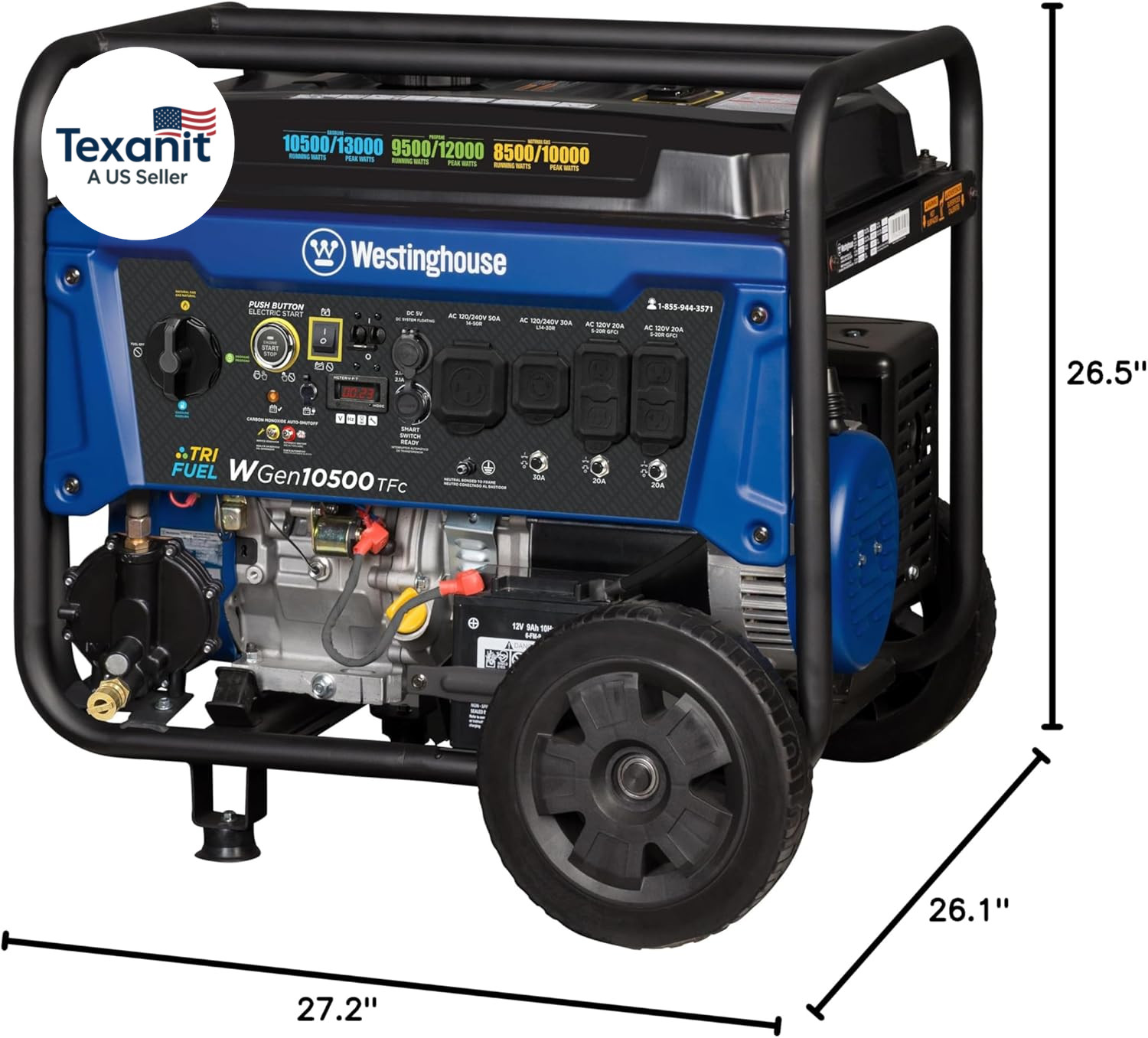 13500 Peak Watt Tri-Fuel Home Backup Portable Generator, Remote Electric Start,
