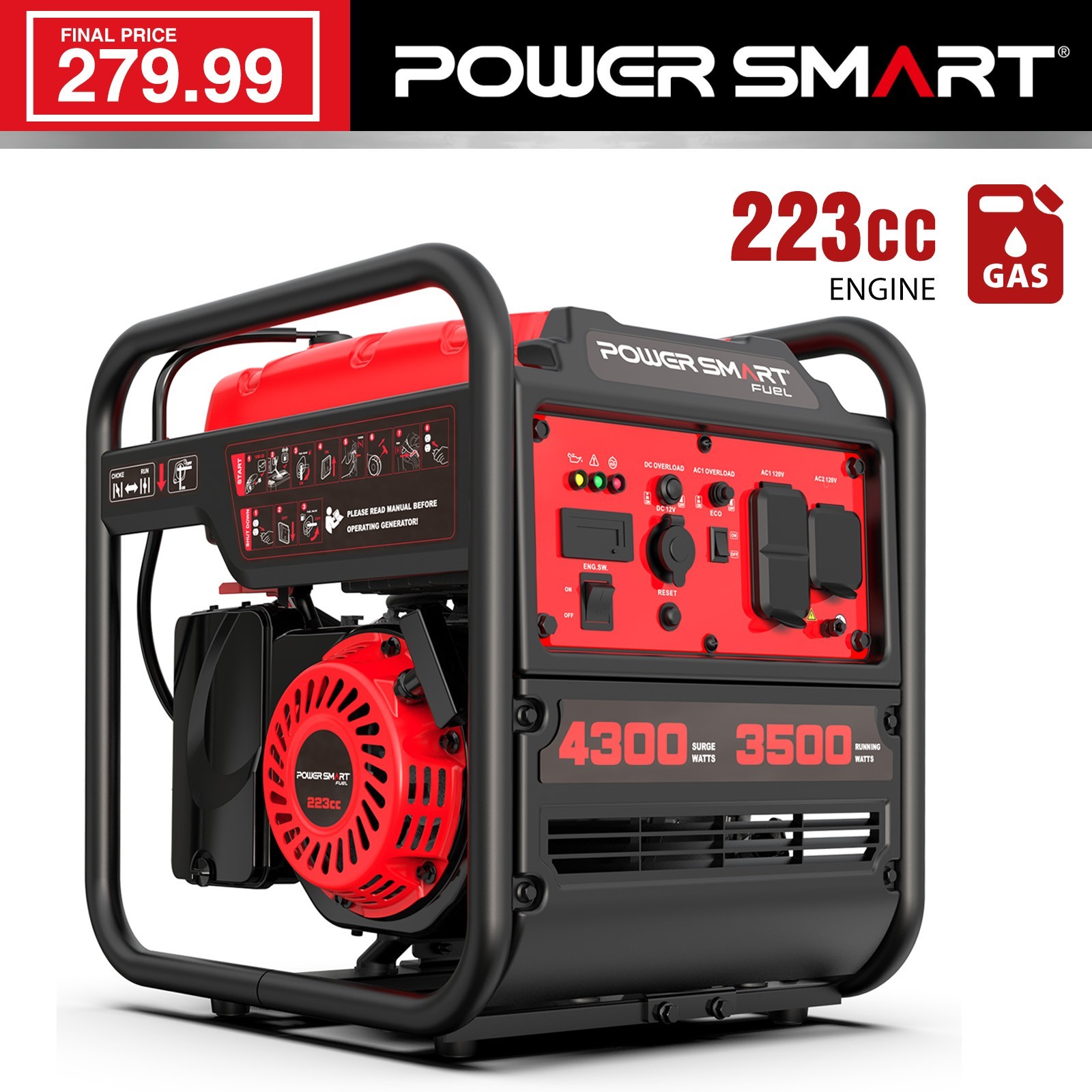 PowerSmart 4300W Inverter Gas Generator, 223cc Engine, 120V AC, 6.5H Runtime