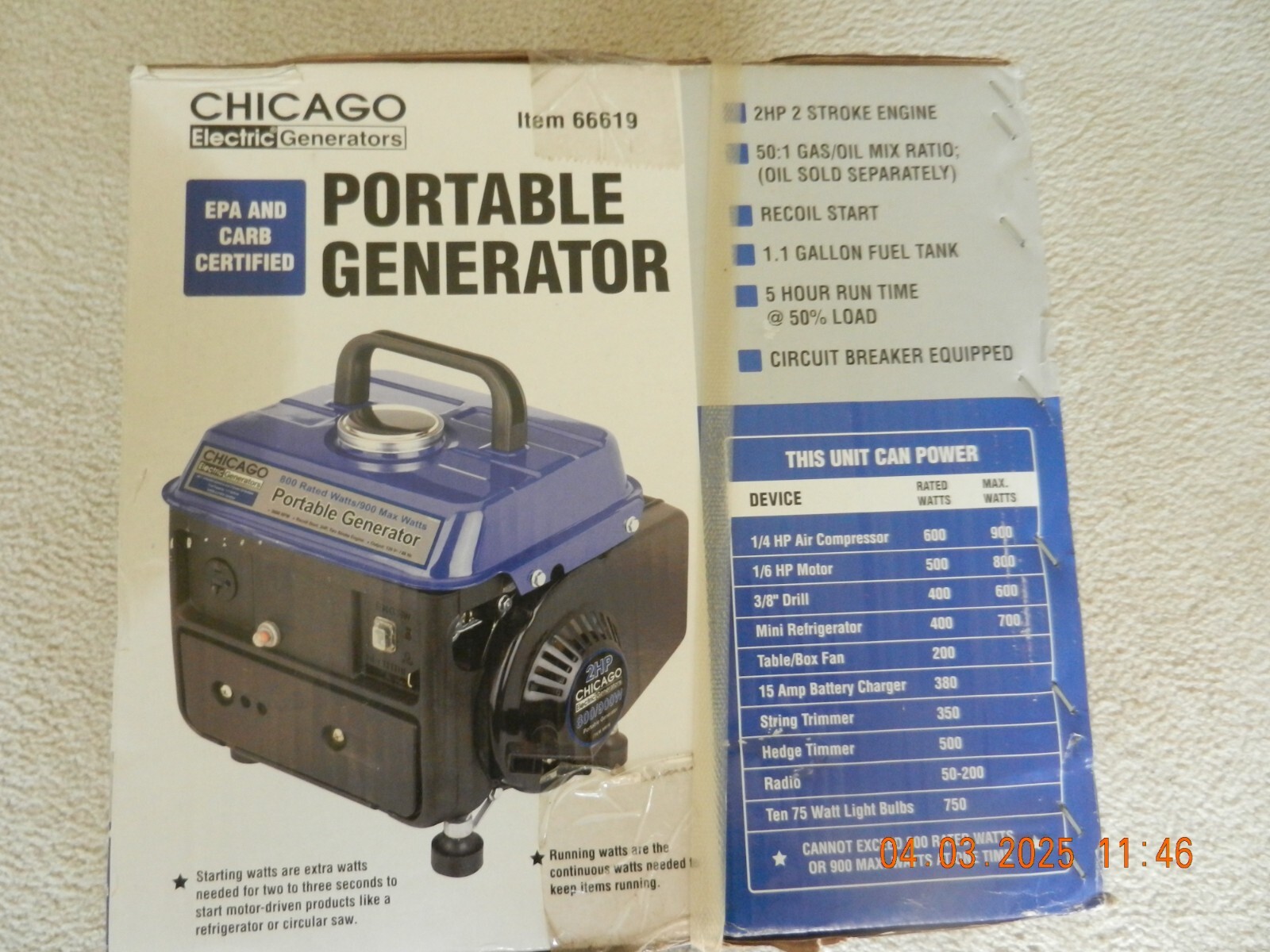 GENERATOR-CHICAGO ELECTRIC Portable Generator 2HP 800/900W 5 Hour Run Time- NEW