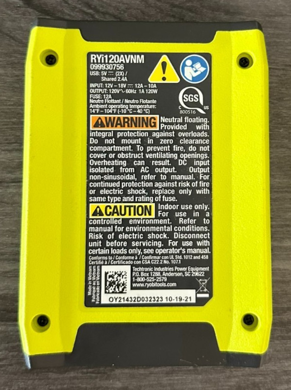 🔋RYOBI 18V 120-Watt 12V Automotive Power Inverter with Dual USB Ports RYi120A