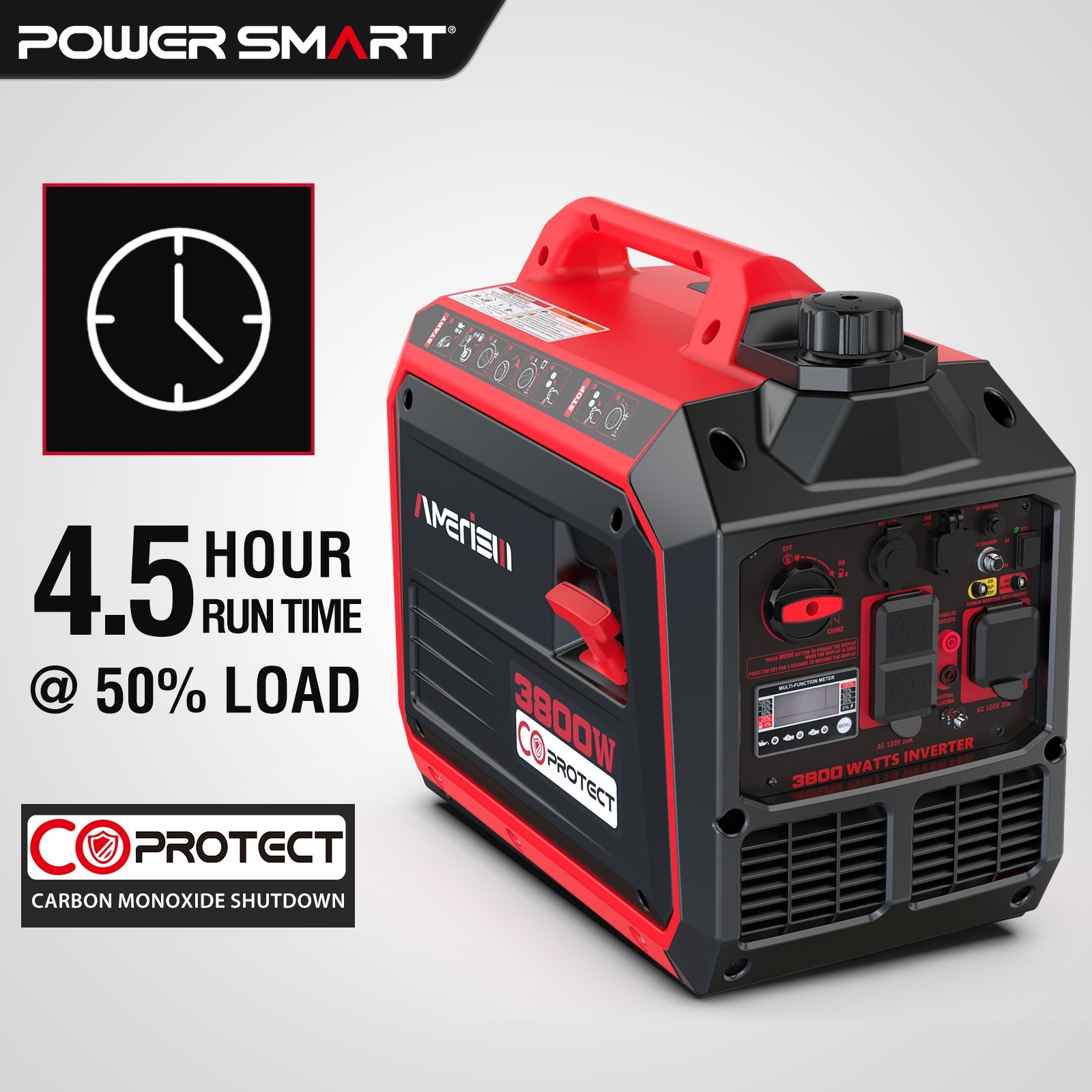Amerisun 3800W Gas Inverter Generator, 149cc, USB Charging, 120V AC Output, RVs