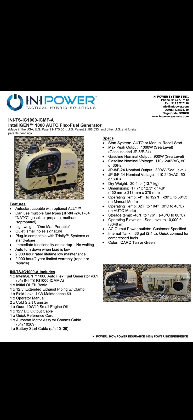 Ini Power IntelliGEN Flex-Fuel Generator IG1000-ICMF 12 Hours w/ Fuel Tank