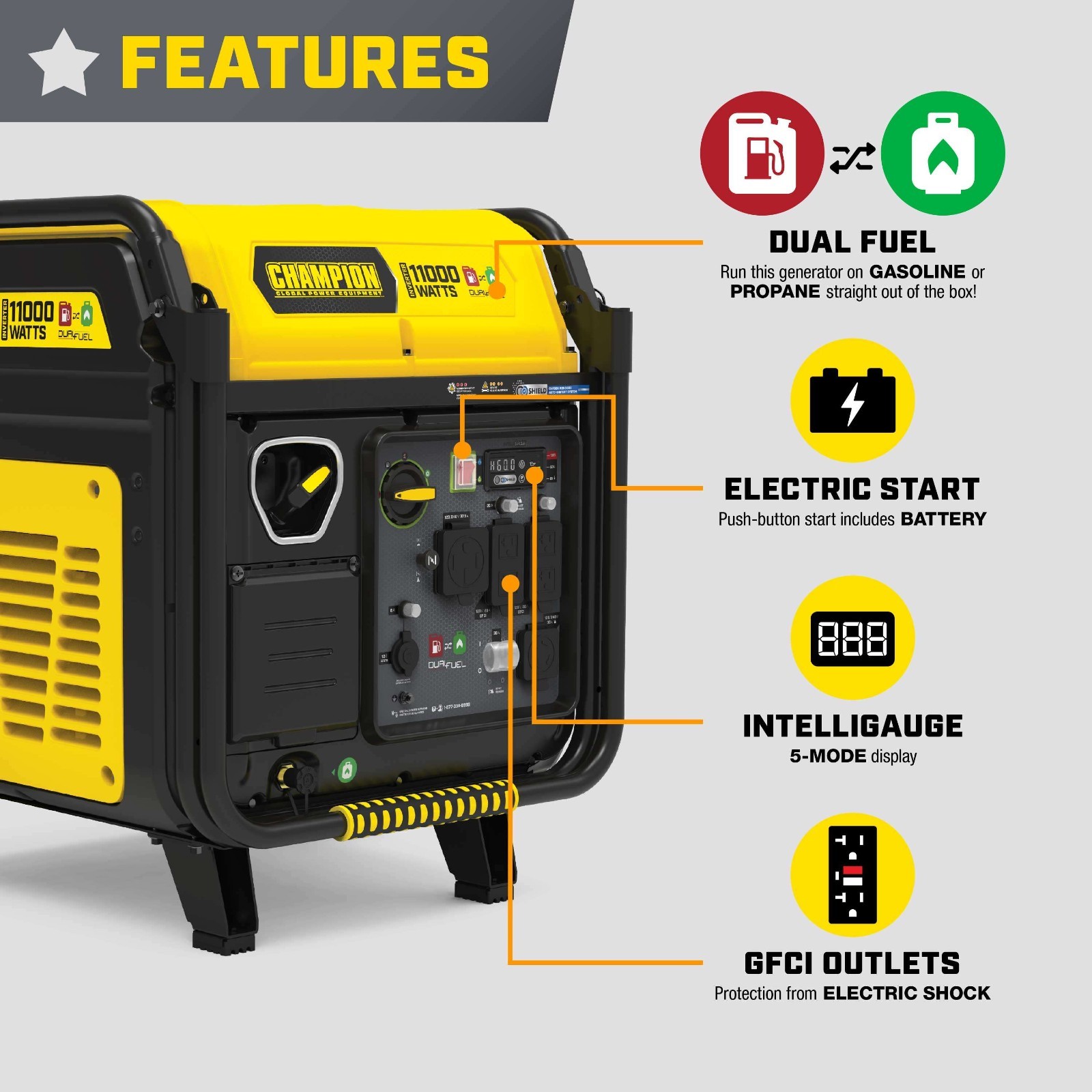 201417 – Champion 11,000W Electric Start Dual Fuel Inverter w/ CO Shield® – NEW