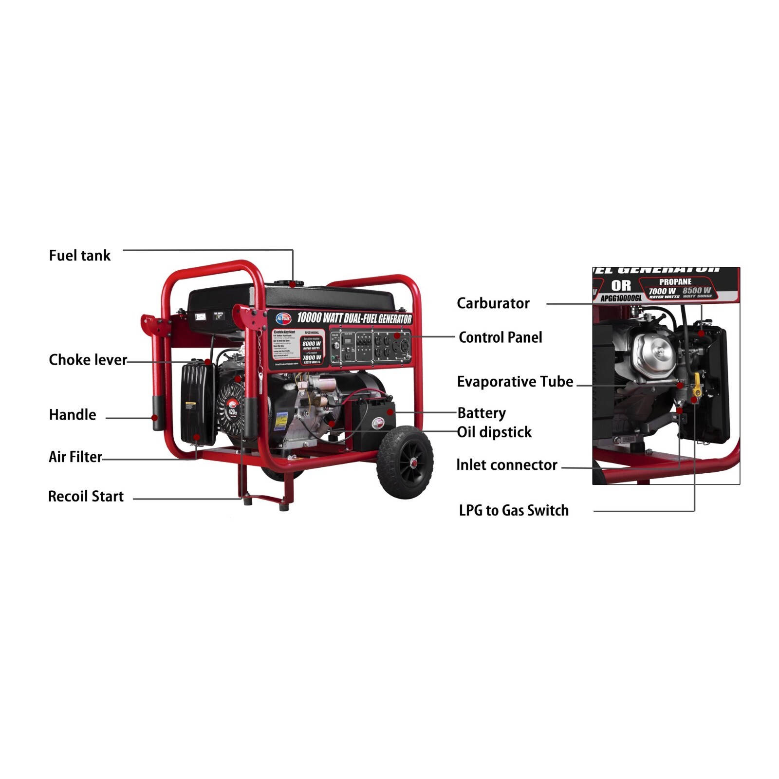 All Power 10,000-W Portable Hybrid Dual Fuel Gas Generator with Electric Start