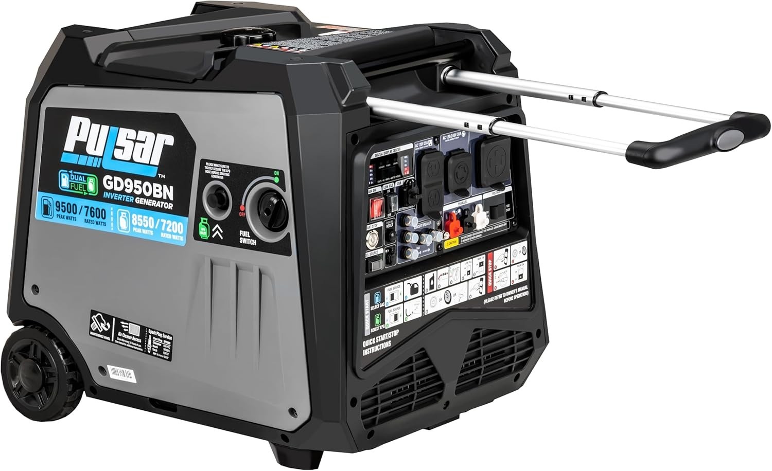 Pulsar 9500-W Quiet Portable TRI Fuel Inverter Generator Remote Start, CO Sensor