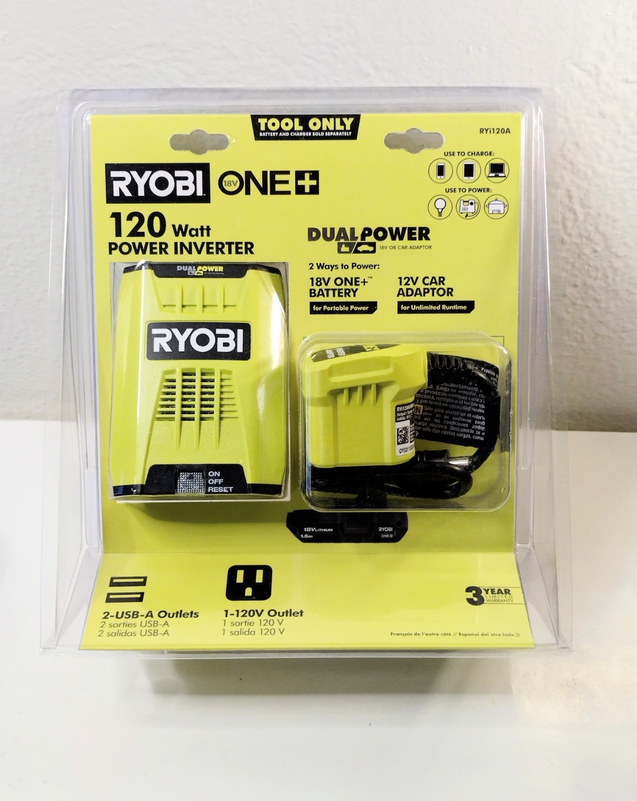 Ryobi One+ 18V 120-Watt 12V Power Inverter with Dual USB Ports Tool Only