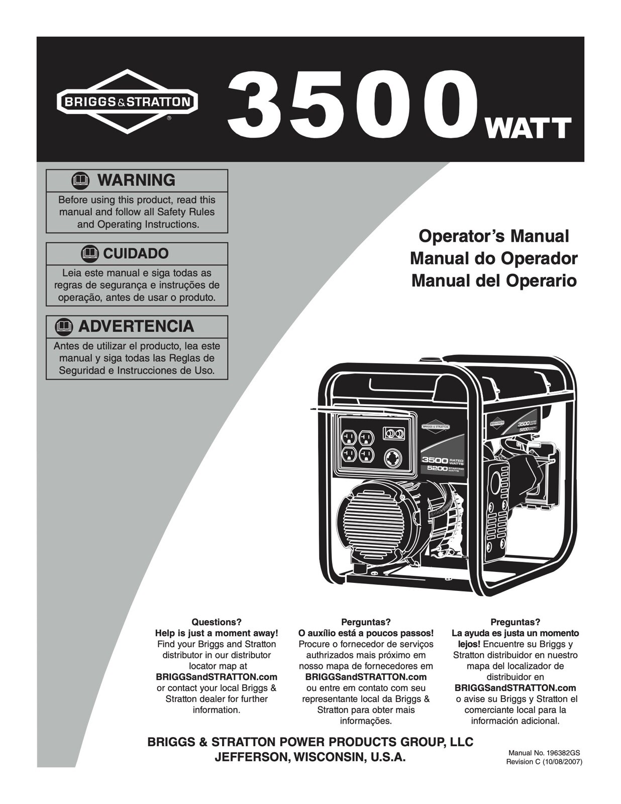 Briggs & Stratton 3500 Watt Portable Generator – Owners Manual & Instructions
