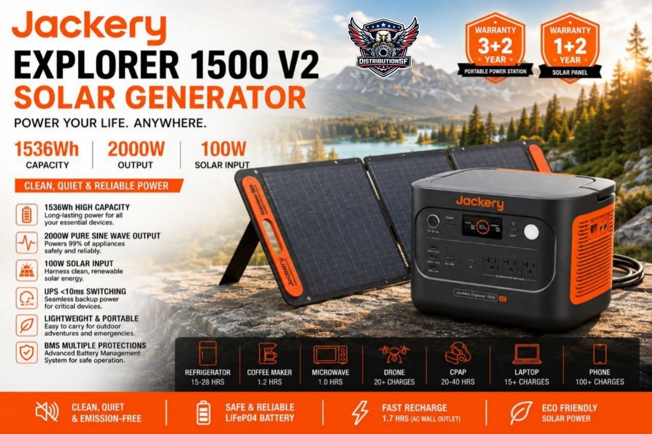 Jackery Explorer 1500 V2 Solar Generator 1536Wh 2000W + 100W Solar Panel