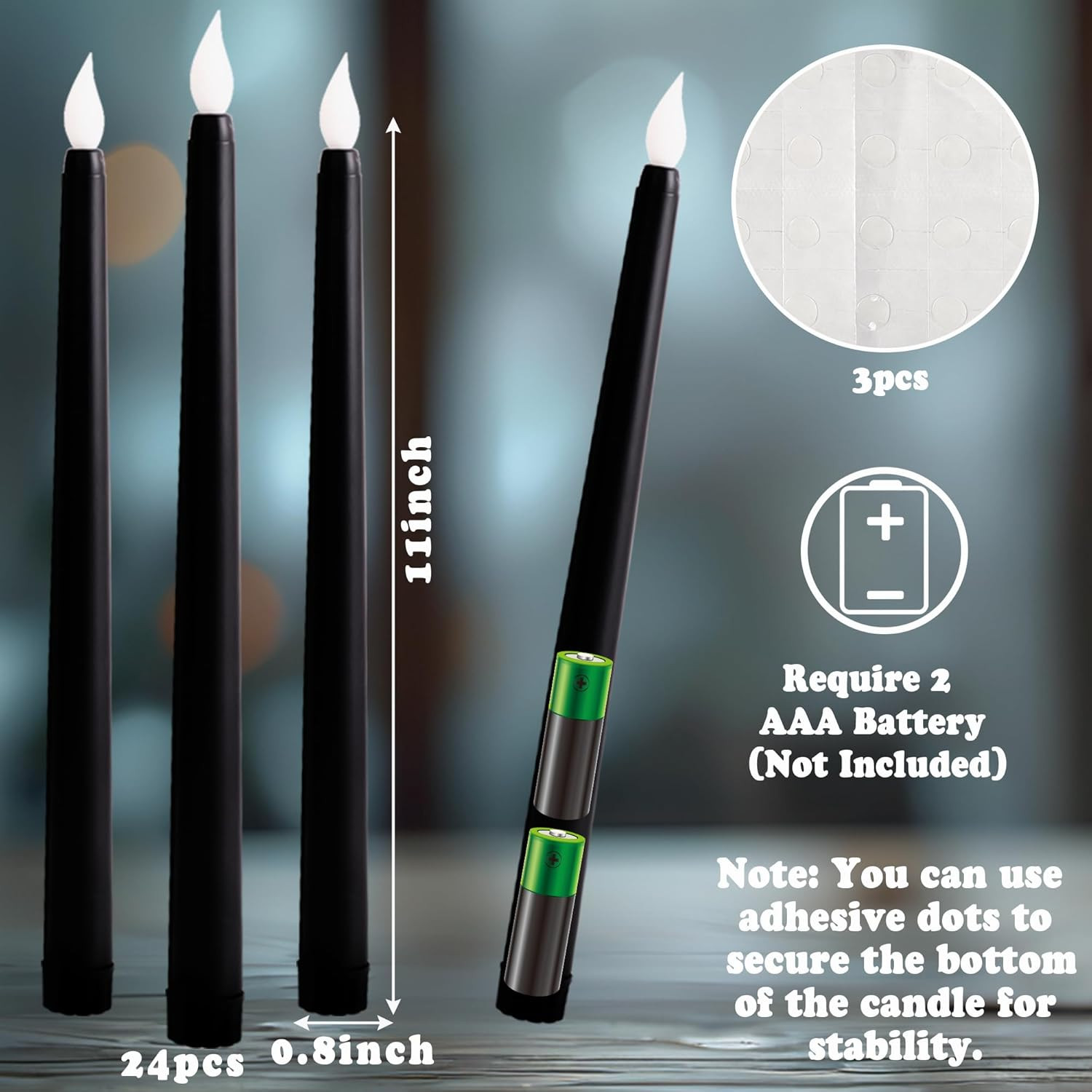 24Pcs Halloween Black Flameless Taper Candles – Battery Operated 2 AAA Long Deco